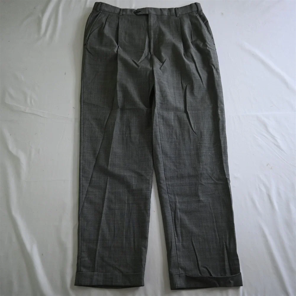 Mens 36x32 Italy Made Gray Micro Nailshead 100% Wool Pleated‎ Cuffed Dress Pants